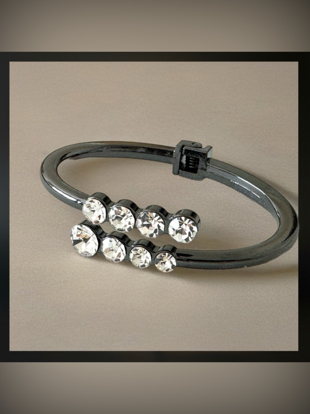 Gunmetal and Glass Crystal Hinged Adjustable Cuff Bracelet Bangle